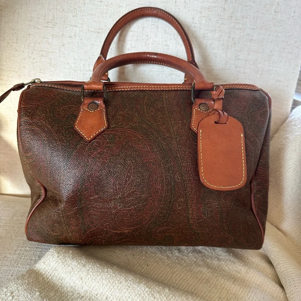 Etro Paisley Leather Boston Bag with Lock + Keys + Luggage Tag - Picture 1 of 11